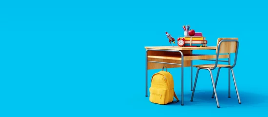 Foto op Aluminium School desk with school accessory and yellow backpack on blue background 3D Rendering, 3D Illustration © hd3dsh