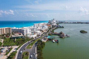 Aerial view of Punta Norte beach, Cancun, Mexico. Beautiful beach area with luxury hotels near the Caribbean sea in Cancun, Mexico.