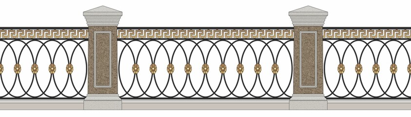 Classic Iron Railings With Pillars. Meander. Gold Decor. Vintage. Luxury Modern Architecture. Urban Design. Palace. City. Street. Park. Wrought Iron Fence. Handrails. Blacksmithing. Template. Isolated