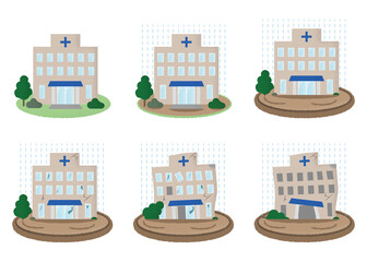 Obraz premium 水害に遭う病院のベクターイラストセット