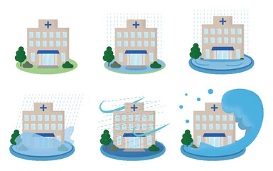 水害に遭う病院のベクターイラストセット