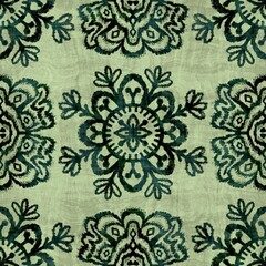 Seamless grungy tribal ethnic rug motif pattern. High quality illustration. Distressed old looking native style design in shades of textured green. Old artisan textile seamless pattern.