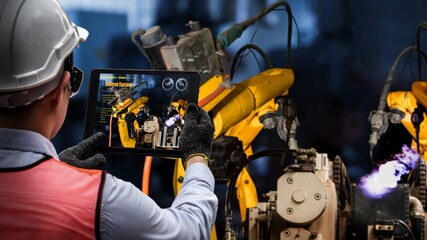 Smart industry robot arms modernization for innovative factory technology . Concept of automation...