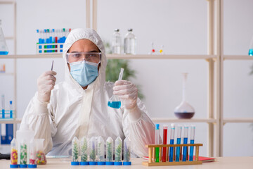 Young male chemist working at the lab during pandemic