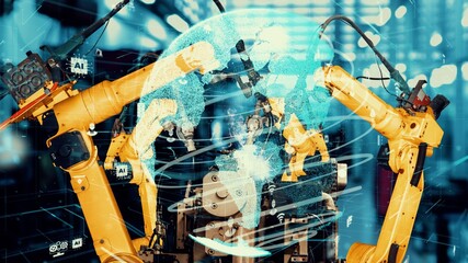 Smart industry robot arms modernization for innovative factory technology . Concept of automation...