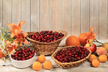 Summer berries and fruits on wooden background, rustic style, healthy natural food concept, breakfast with ingredients, store advertisement, business card for cafe, invitation with place for text,