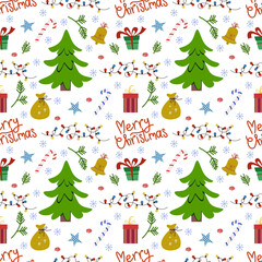 Christmas seamless pattern. Flat cartoon style illustration isolated on white background.