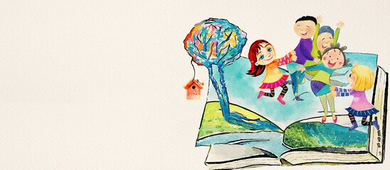 Children's reading. Watercolor concept background