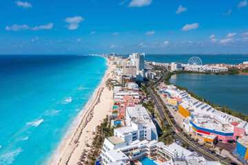 Aerial view of the luxury hotels in Cancun by the Punta Norte beach in Mexico. Luxury resorts located at the very shore of the Caribbean sea.