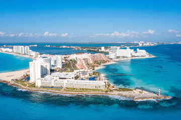 Aerial view of the luxury hotels in Cancun by the Punta Norte beach in Mexico. Luxury resorts located at the very shore of the Caribbean sea.
