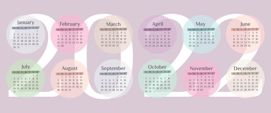 Vector Colorful Calendar 2022 Template. Week Starts On Sunday