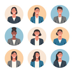 People portraits of businesswoman, female faces avatars isolated at round icons set, vector flat illustration