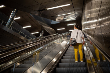 Selective focus view at woman wear protective face mask stand on escalator at underground metro station.