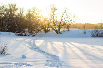 Sunny winter landscape on a sunny day. Trail on the frozen river