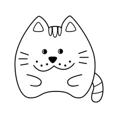 Funny cartoon doodle black and white cat contour vector illustration isolated on white background. Cute smiling animal character. Coloring book page.