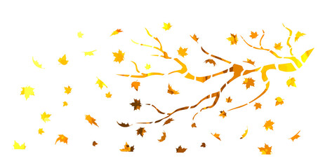 A bare tree is autumn with falling yellow leaves. Vector illustration