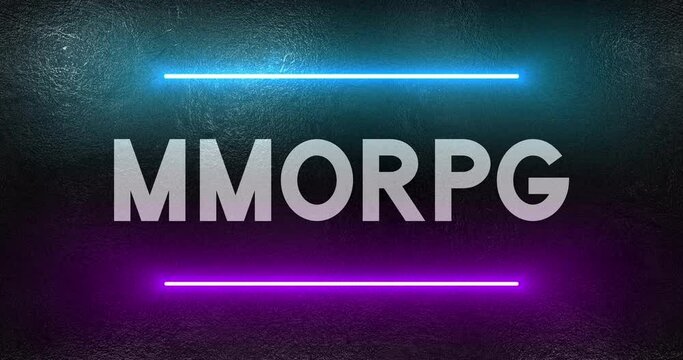 MMORPG text written on a dirty concrete wall and illuminated with flickering neon lights, signboard for players, animation creativity graphics and modern design