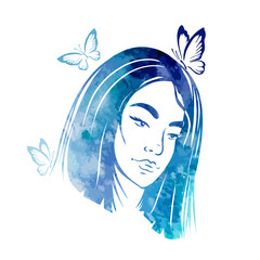 The face of a very beautiful girl With butterflies . Mixed media. blue vector illustration