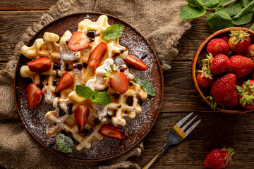 Waffles with strawberries, chocolate topping and powdered sugar on wooden table