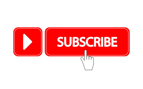 SUBSCRIBE BUTTON icon - button red color with  bell and hand on white background. YouTube channel. Vector illustration.
