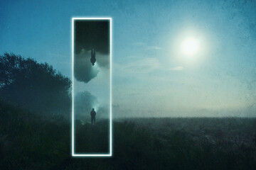 A science fiction graphic design concept of a glowing portal. With a mysterious figure mirrored in...