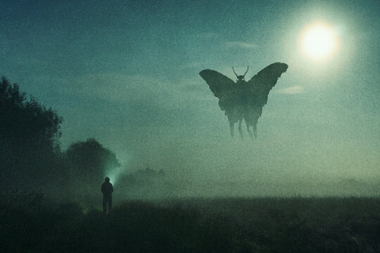 A horror concept. Of a man looking at a mysterious monster mothman figure, flying in the sky. Silhouetted against the moon at night. With a grunge, textured edit.
