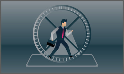 vector illustration of 
businessman running on hamster wheel, symbol of running on the spot