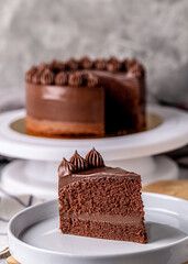 Slice of delicious homemade chocolate cake soft fudge on white plate.