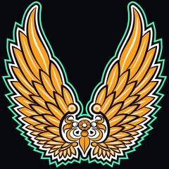 illustration of wings in tattoo style with texts and background