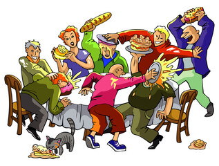 Pie and cake fight, battle, people fights among confectionery, vector illustration