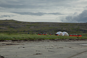 Tourist base on the shores of the Barents Sea.