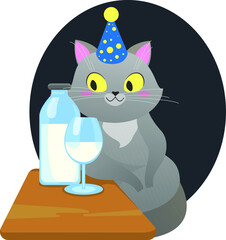 The cat looks at the milk and wants to drink it. It's the cat's birthday.