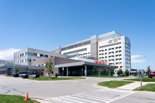 Oakville, Ontario, Canada - July 10, 2021: Oakville Trafalgar Memorial Hospital in Oakville, Ontario, Canada. The Oakville Trafalgar Memorial Hospital is a full-service acute care community hospital. 