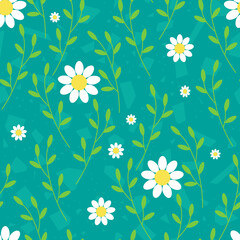 Chamomile pattern. Seamless background with white daisies on green. Pattern for textiles, fabrics, bed linen, wallpaper. Decorative print for design with chamomile and daisies. Vector illustration