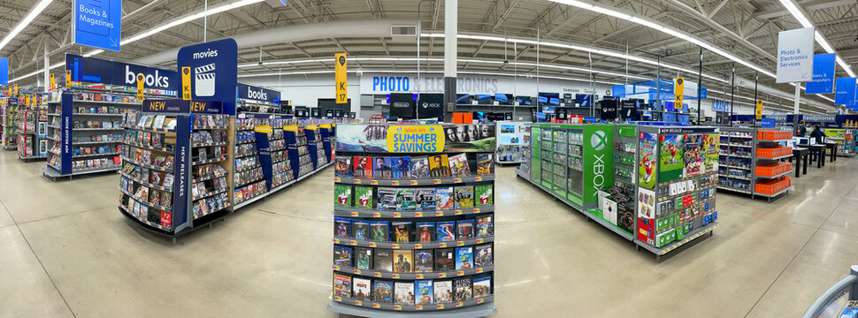 Panoramic view of the Photo and Electronics section of a Walmart supercenter.