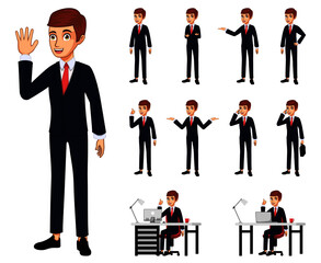 Happy cute businessman character with different pose doing different actions