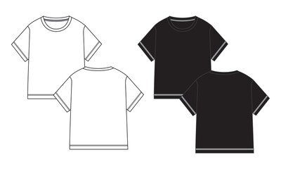 Basic Tee shirt  overall  technical fashion flat drawing template. Blank flat Short sleeve t-Shirt design for kids White and black vector illustration Front and Back View.