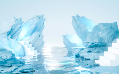 Minimal cool-tone background for product showcase and cosmetic presentation. The blue stone podium on the water in front of Sunshade shadow with a cold winter mood. realistic, 3d render illustration.	