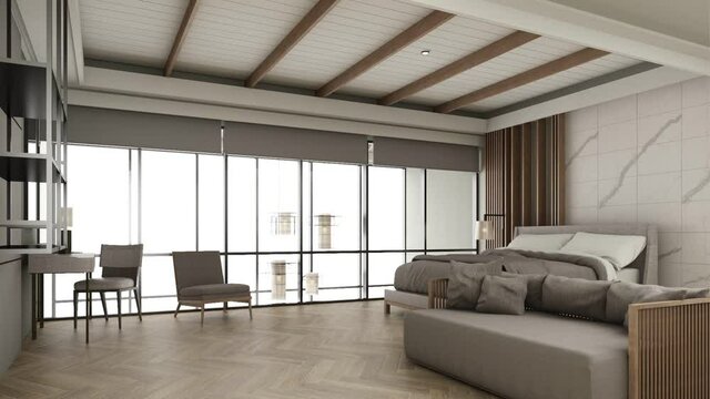 The bedroom is decorated in a modern style with wooden tones with seating and bed and wall decoration. With large windows and high ceilings on parquet floors. 3d rendering animation interior