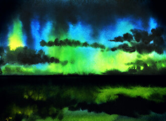 Northern lights in sky, reflected in surface of sea. Abstract simple watercolour landscape. Background for design with space for text.