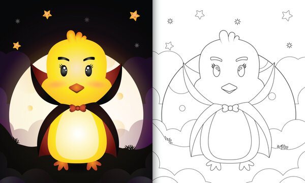 coloring book with a cute chick using costume dracula halloween
