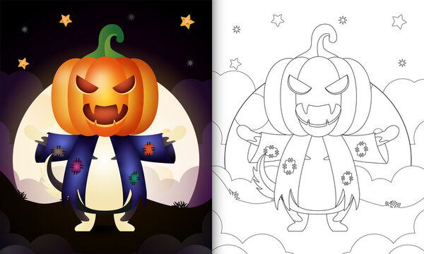 coloring book with a cute wolf using costume scarecrow and pumpkin halloween