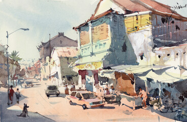 view of the old town watercolor painting