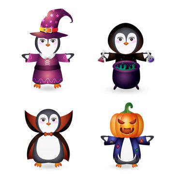 cute penguin with costume halloween character collection