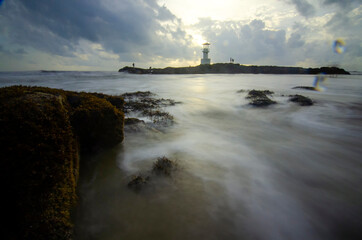 Khao Lak lighthouse in sunset time with the dramatic twilight sky at Phang-Nga, Thailand.