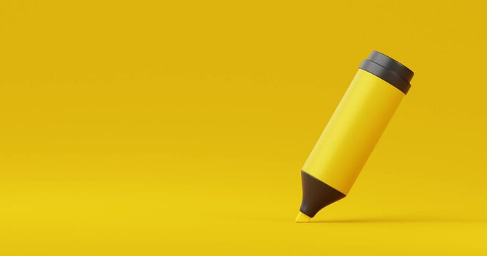 Yellow ink marker pen or drawing highlighter pencil graphic art design on vivid background with education stationery for creative color concept. 3D rendering.