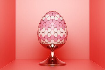 3d illustration of a  pink chicken egg with a mesh shape in a red  room.
