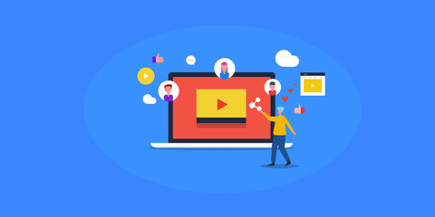 Man sharing video content with friends, digital content share on social media, influencer marketing concept. Video marketing on social network, people with connection concept.