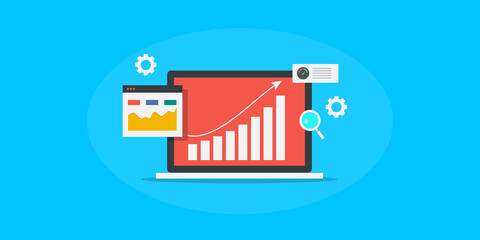 Website traffic growth - seo optimization increasing visitors of website. Search marketing analytics, website data monitoring software tool. Flat design web banner.