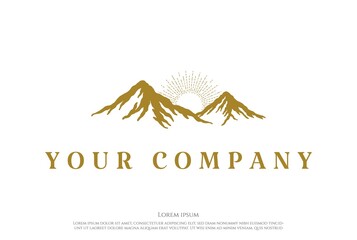 Simple Minimalist Golden Sunrise Mountain Hill Landscape Logo Design Vector